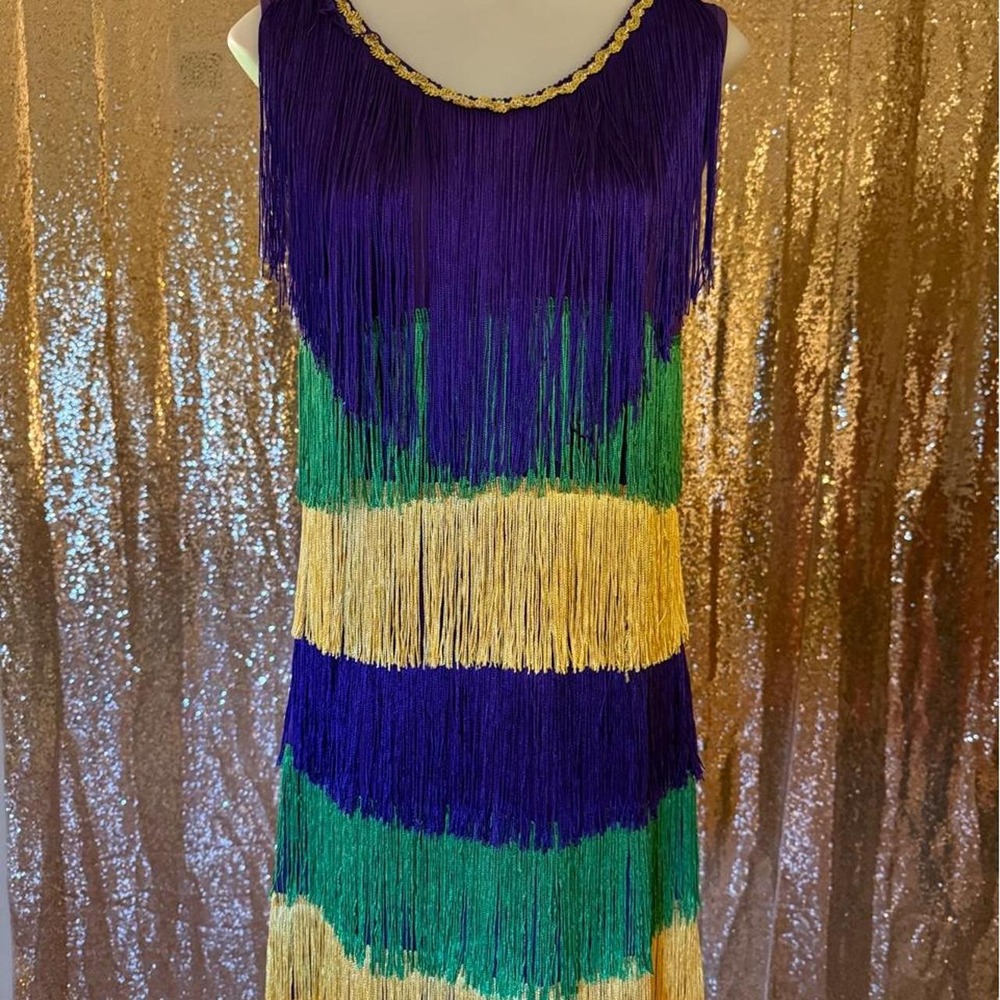 Mardi Gras Fringe Flapper Dress Purple Green Gold Stripe Sleeveless/Size M